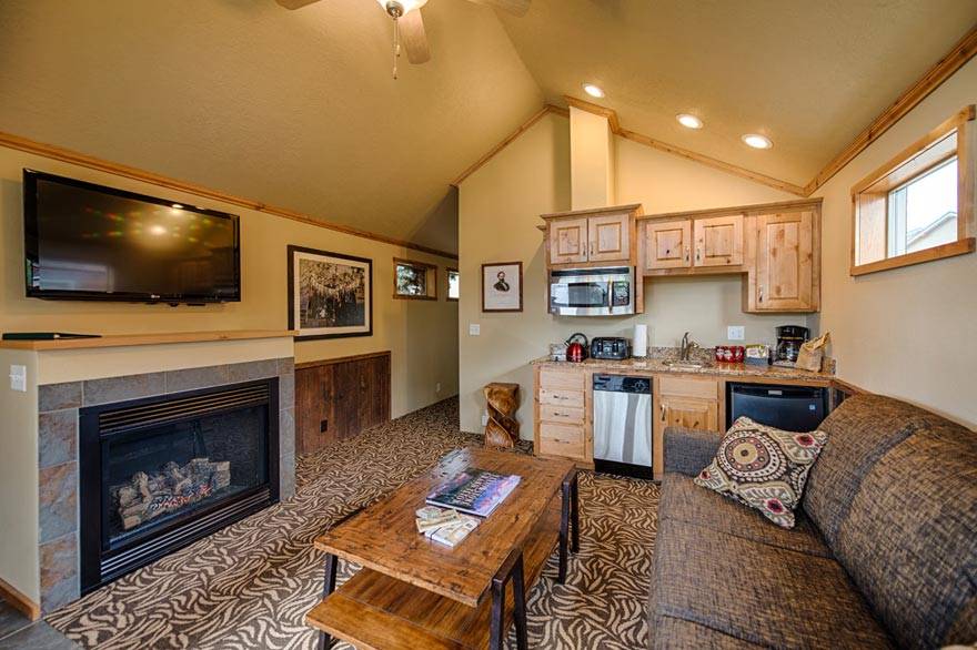Living room and kitchenette inside Explorer Cabins