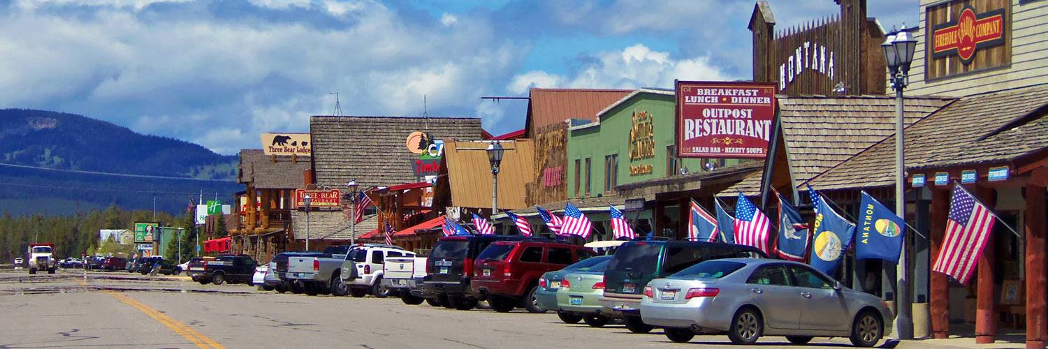 A row of shops in charming West Yellowstone, MT