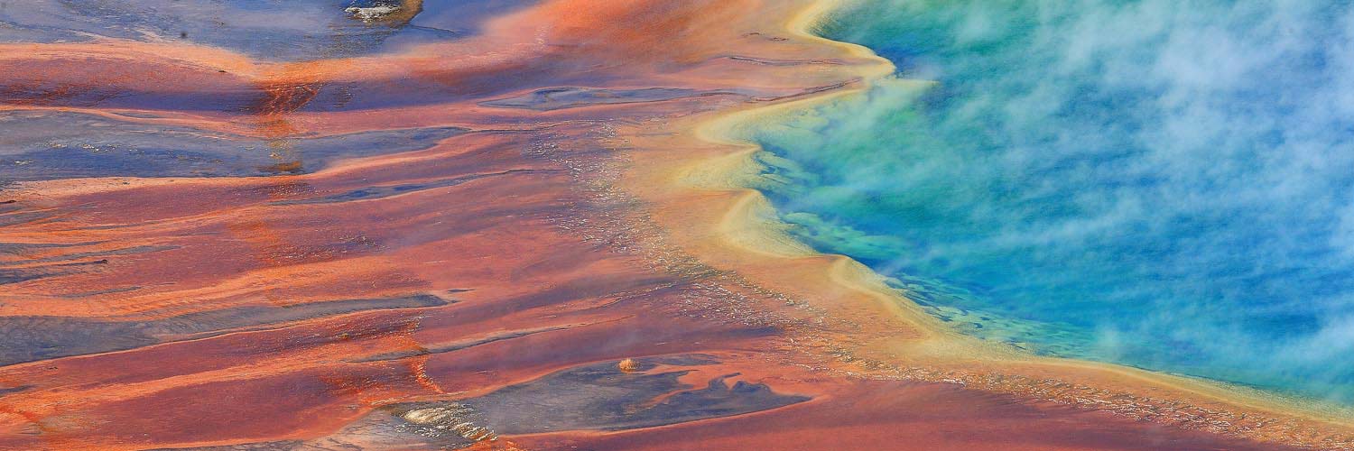 Aerial shot of Grand Prismatic Hot Springs in Yellowstone National Park