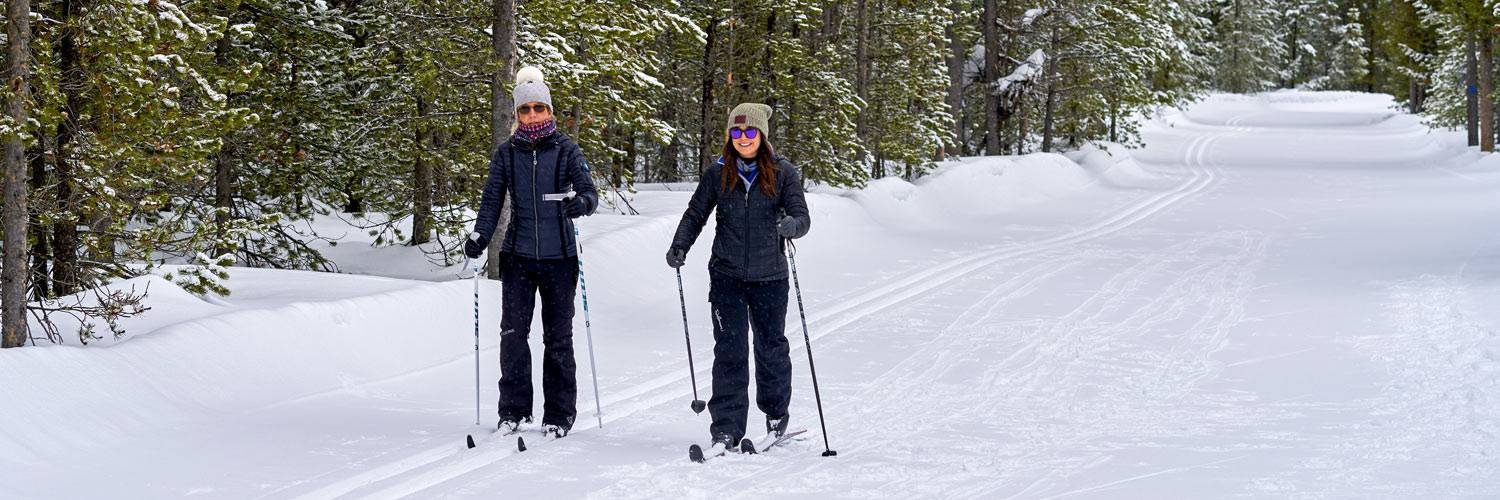 Two cross-country skiers exploring Yellowstone National Park in winter
