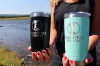 Blue and teal Yeti travel mugs at Yellowstone General Stores