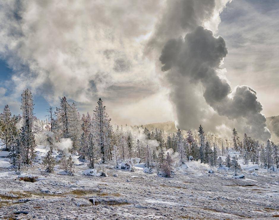 A steamy winter landscape in Yellowstone National Park